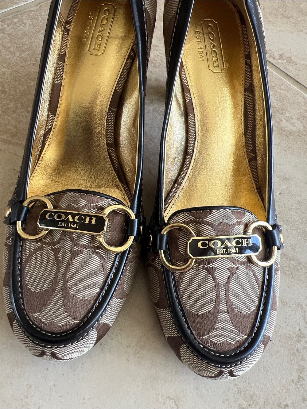 Coach Brown Signature Monogram Loafers with Gold Hardware